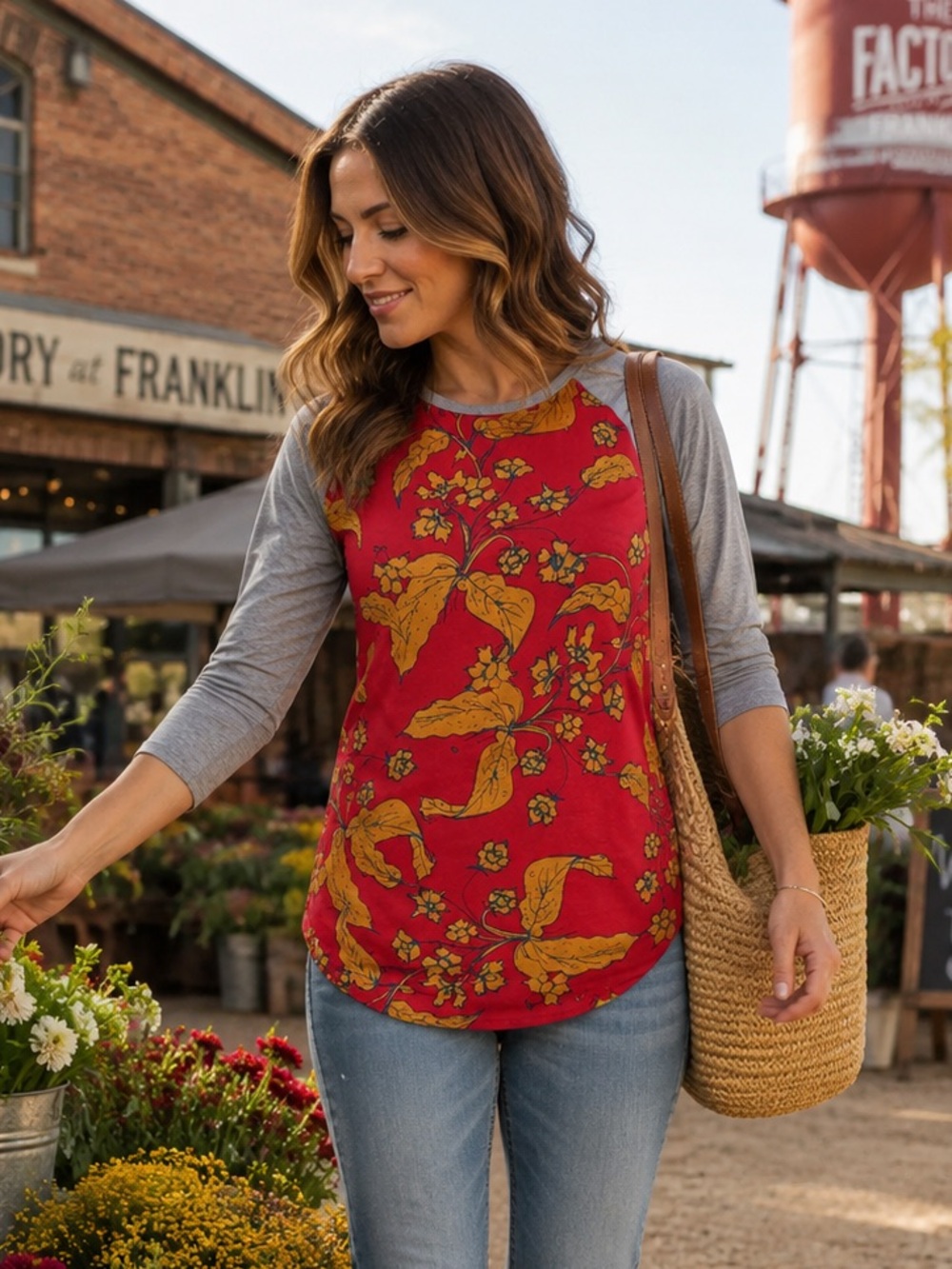 LuLaRoe Randy Floral Raglan Baseball Tee Red Gold Gray 3/4 Sleeve XS NWT